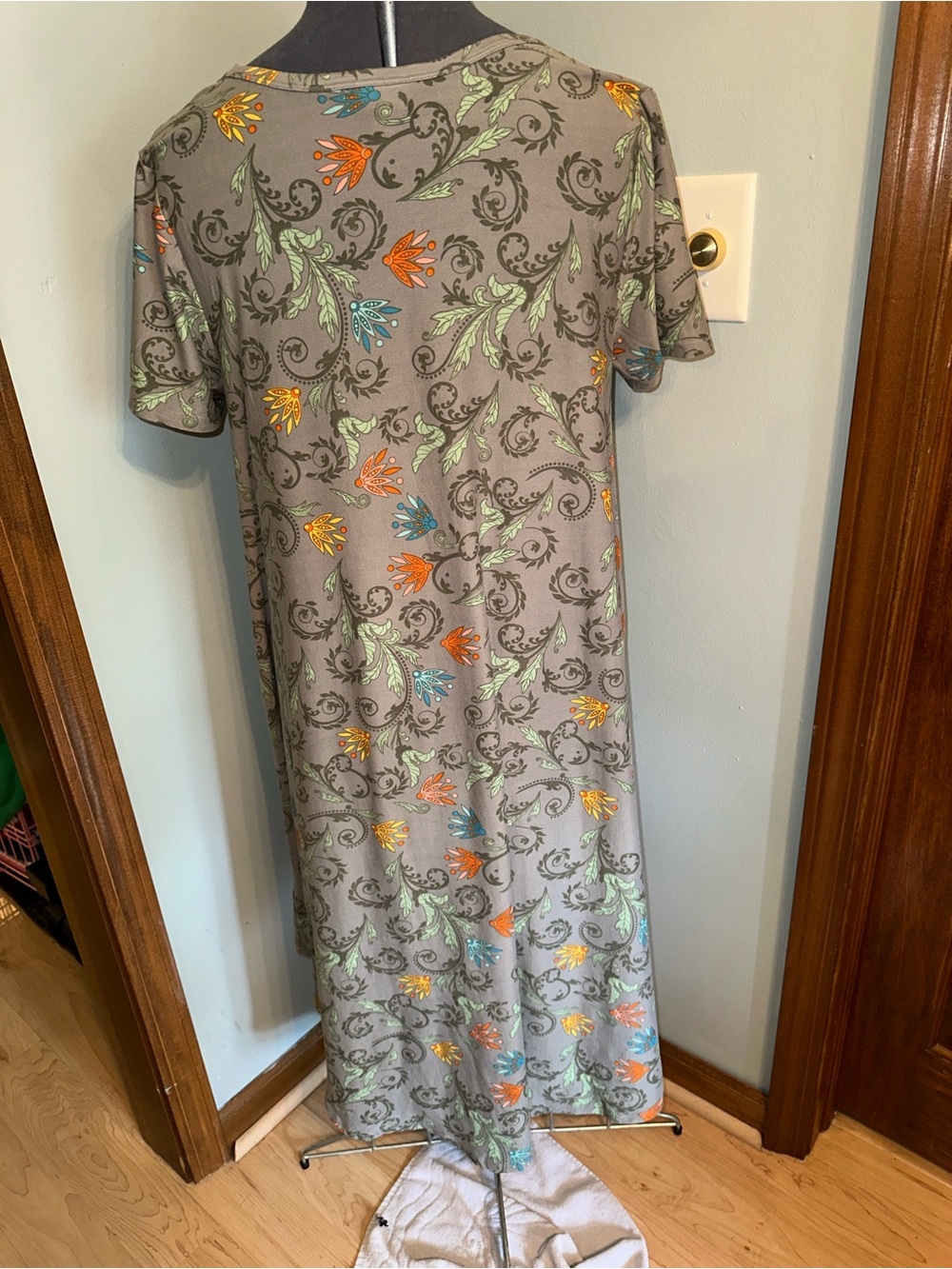LuLaRoe Gray Carly Dress with Orange, Blue & Green Floral Scrolls